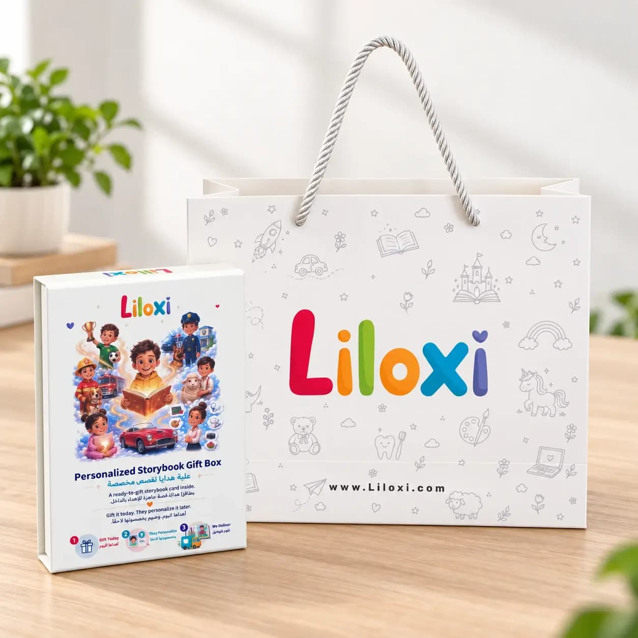 Liloxi gift box beside its illustrated gift bag