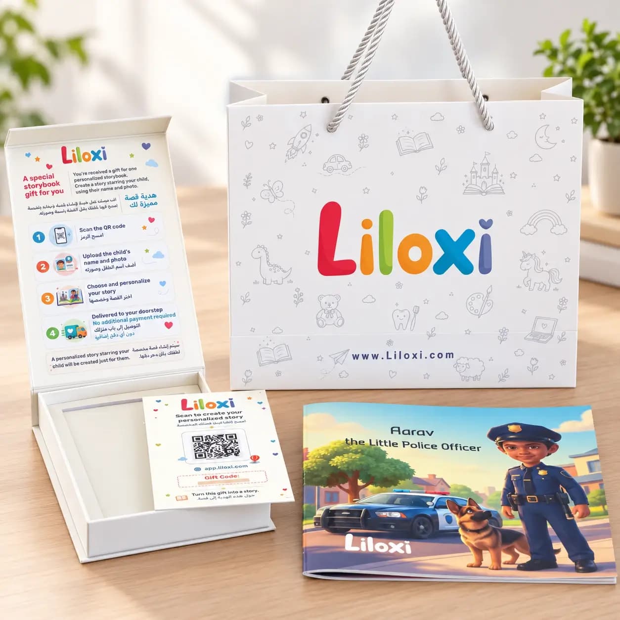 Open Liloxi gift box with gift bag, redeem card and example personalized book